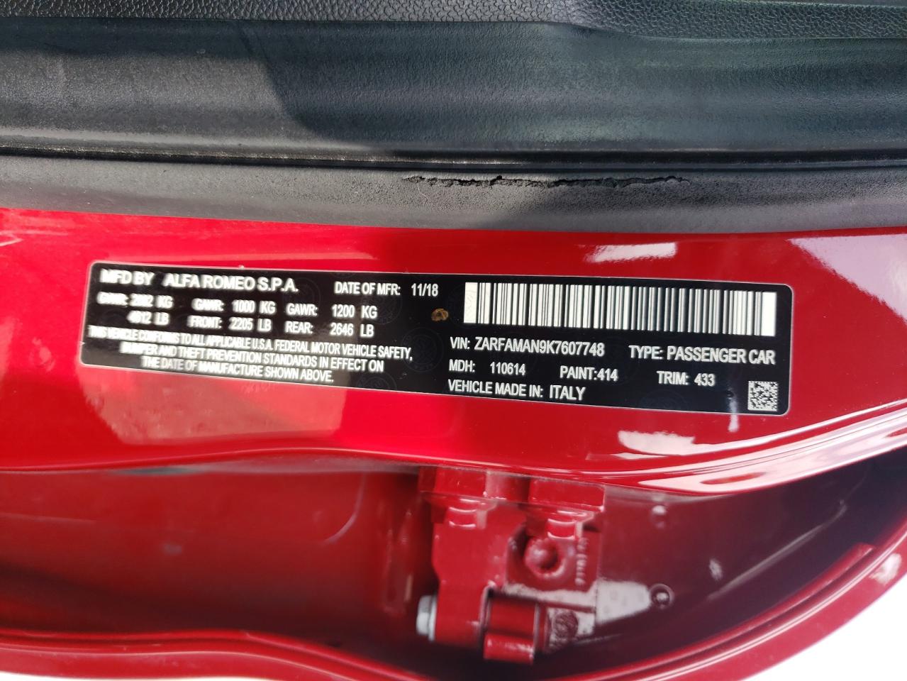 2019 Alfa Romeo Giulia VIN: ZARFAMAN9K7607748 Lot: 80152353