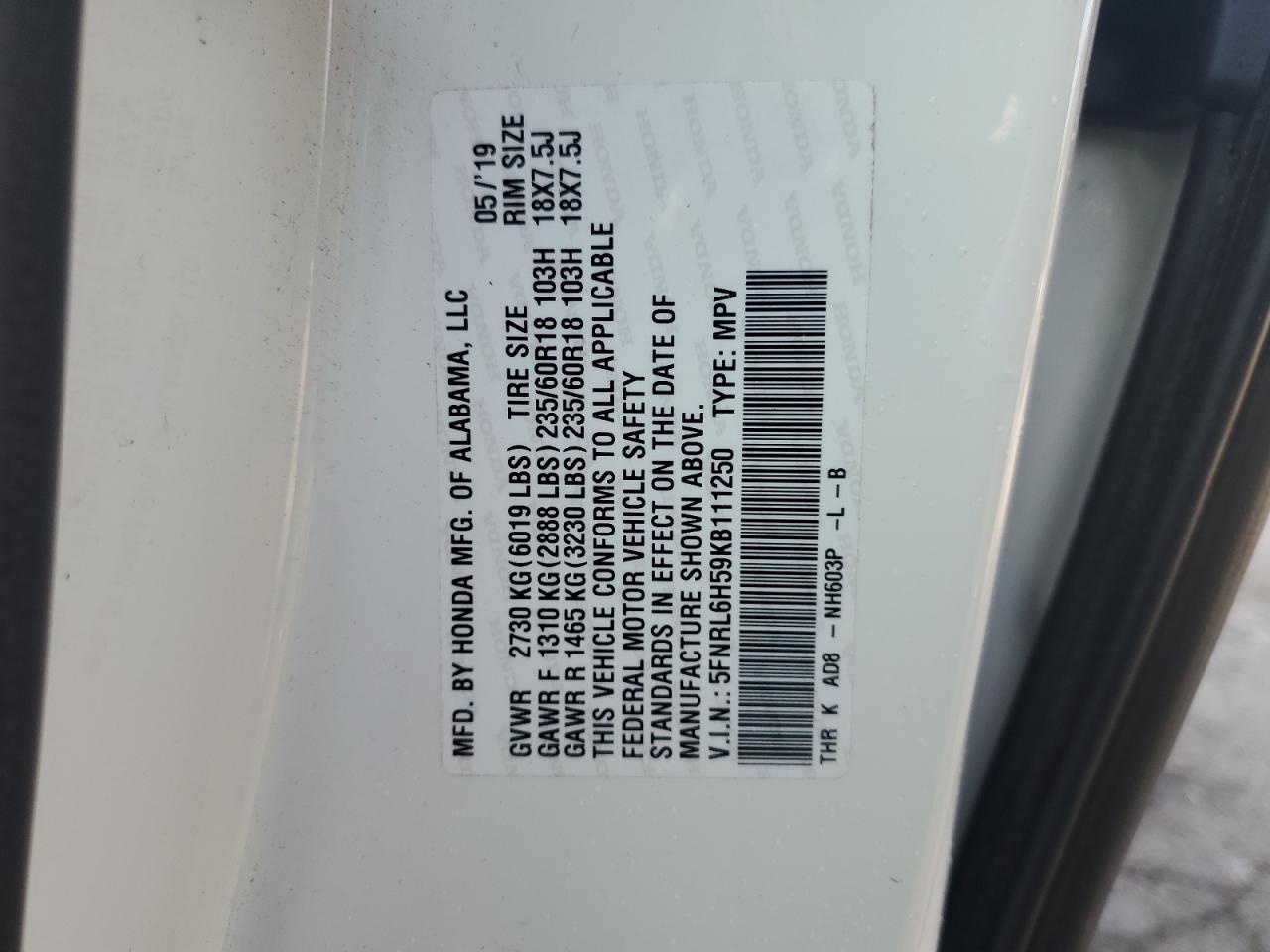 5FNRL6H59KB111250 2019 Honda Odyssey Ex