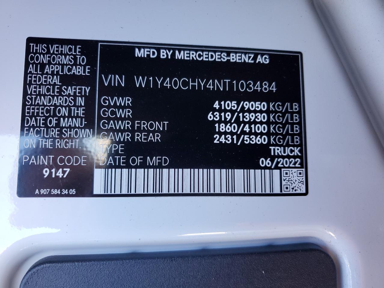 W1Y40CHY4NT103484 2022 Mercedes-Benz Sprinter 2500