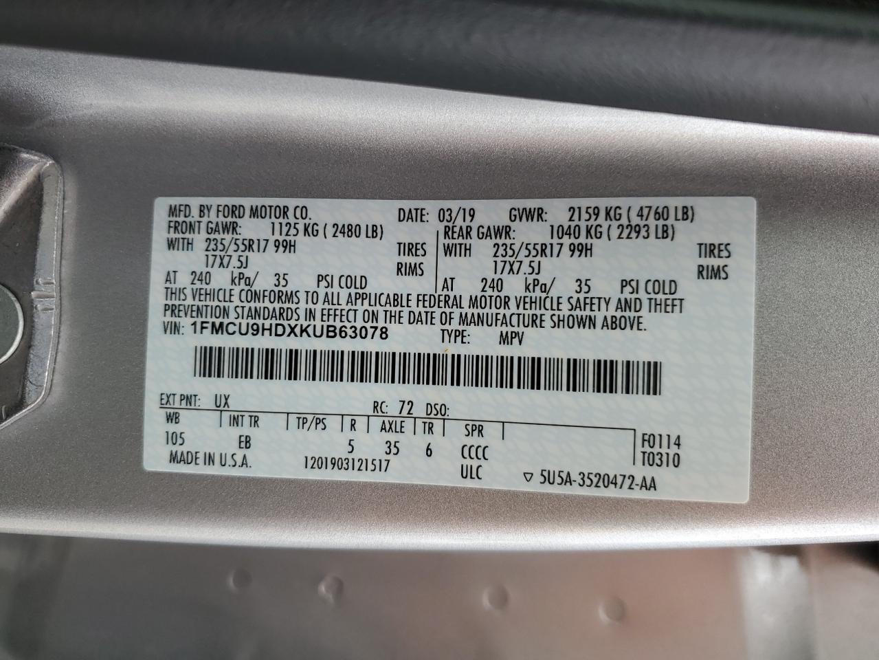 1FMCU9HDXKUB63078 2019 Ford Escape Sel