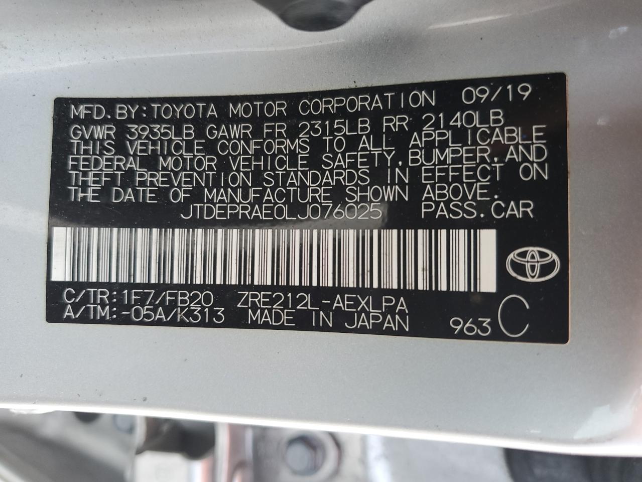 JTDEPRAE0LJ076025 TOYOTA COROLLA 2020