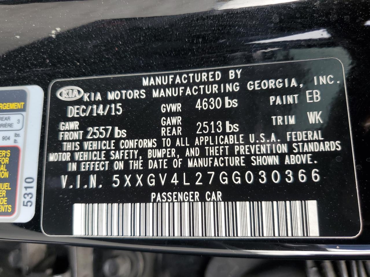 5XXGV4L27GG030366 2016 Kia Optima Sxl