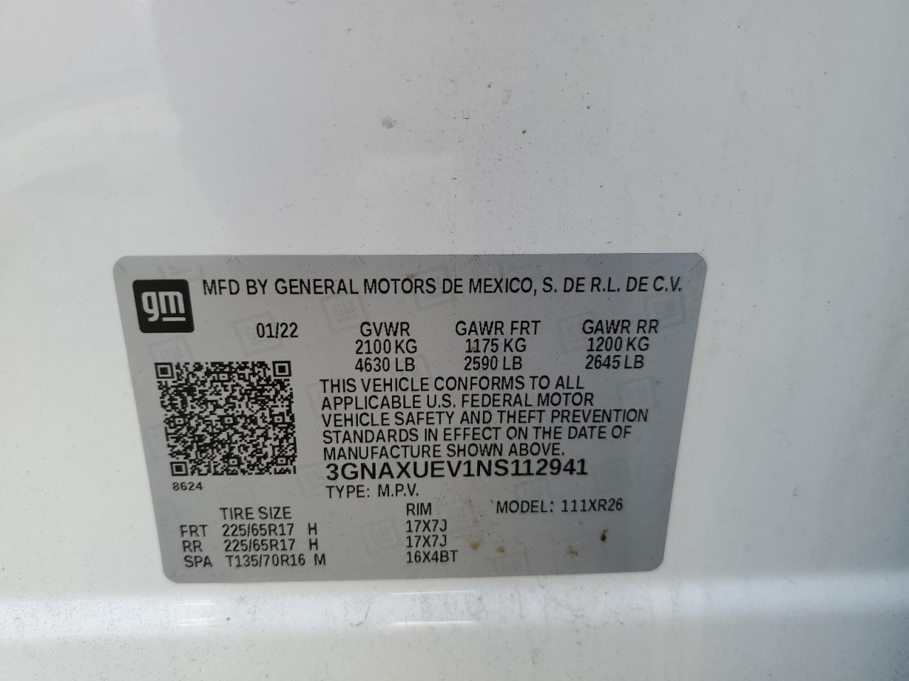 2022 Chevrolet Equinox Lt VIN: 3GNAXUEV1NS112941 Lot: 70980494