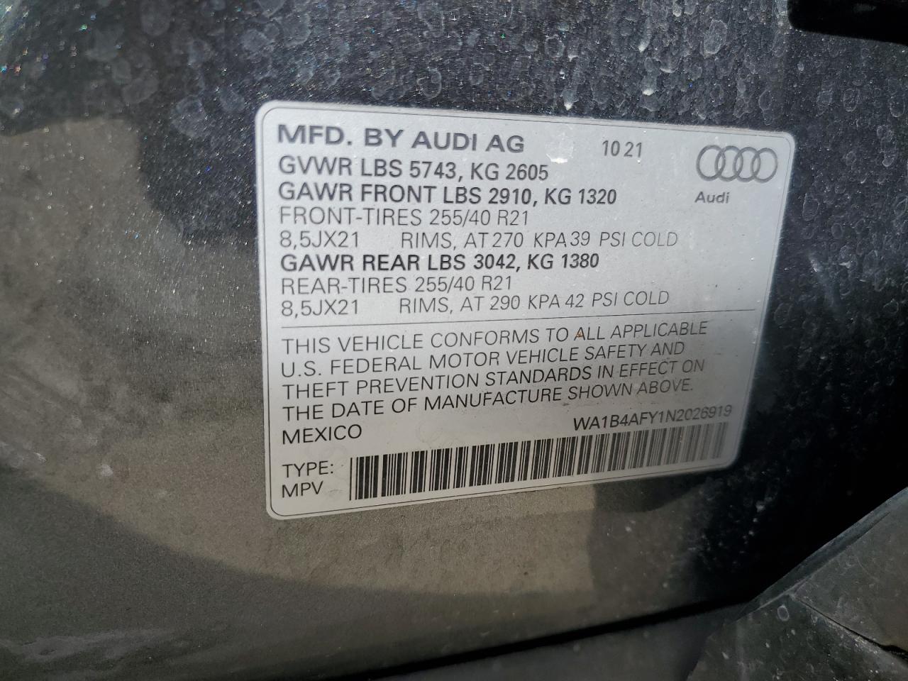 2022 Audi Sq5 Premium Plus VIN: WA1B4AFY1N2026919 Lot: 73331814