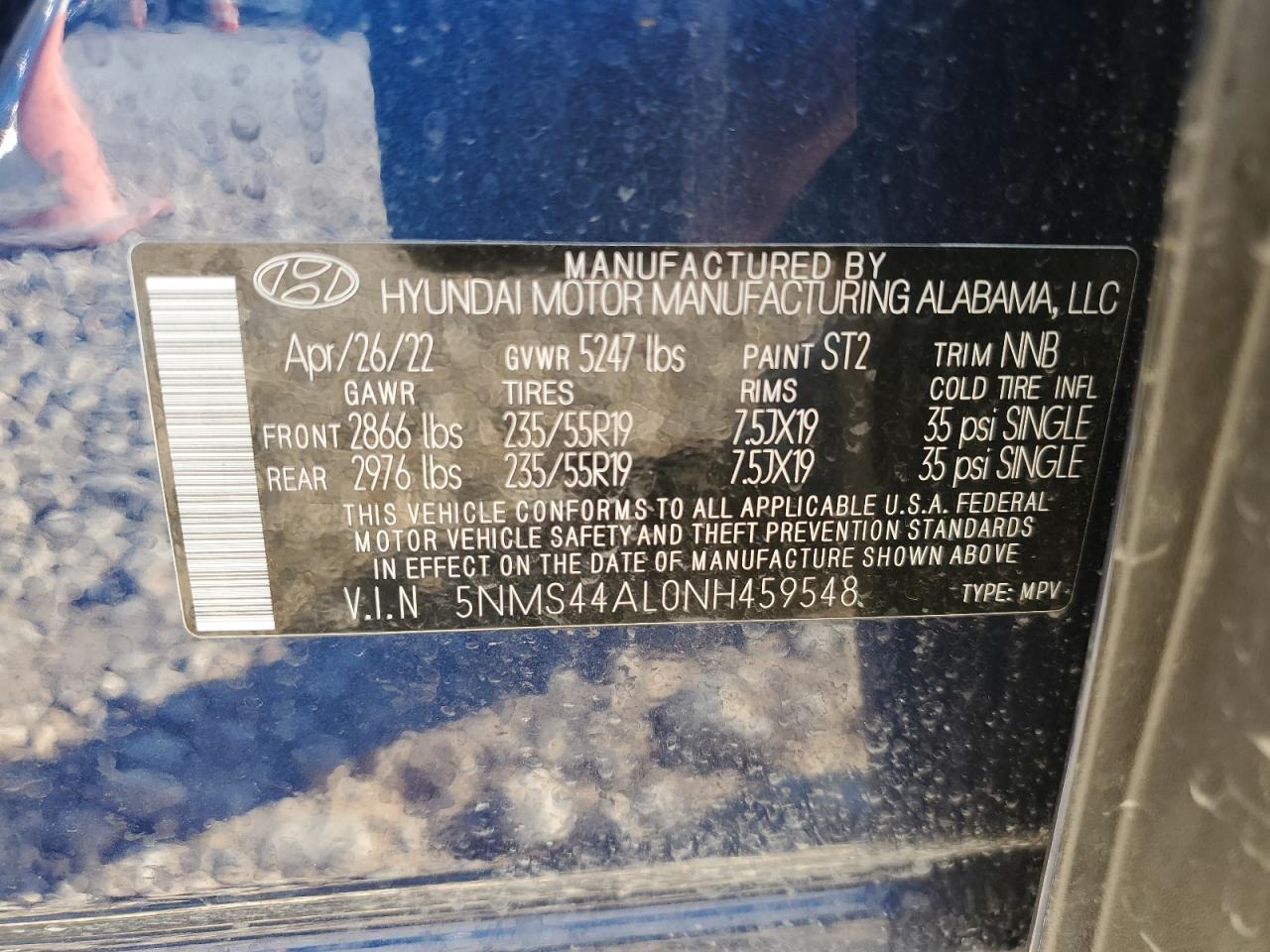 5NMS44AL0NH459548 2022 Hyundai Santa Fe Limited