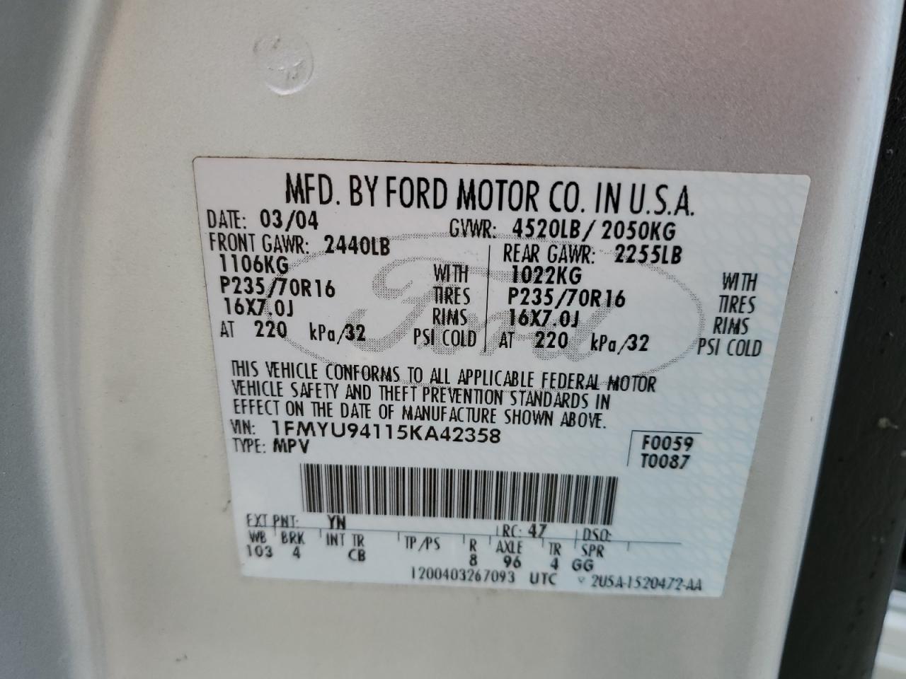 1FMYU94115KA42358 2005 Ford Escape Limited