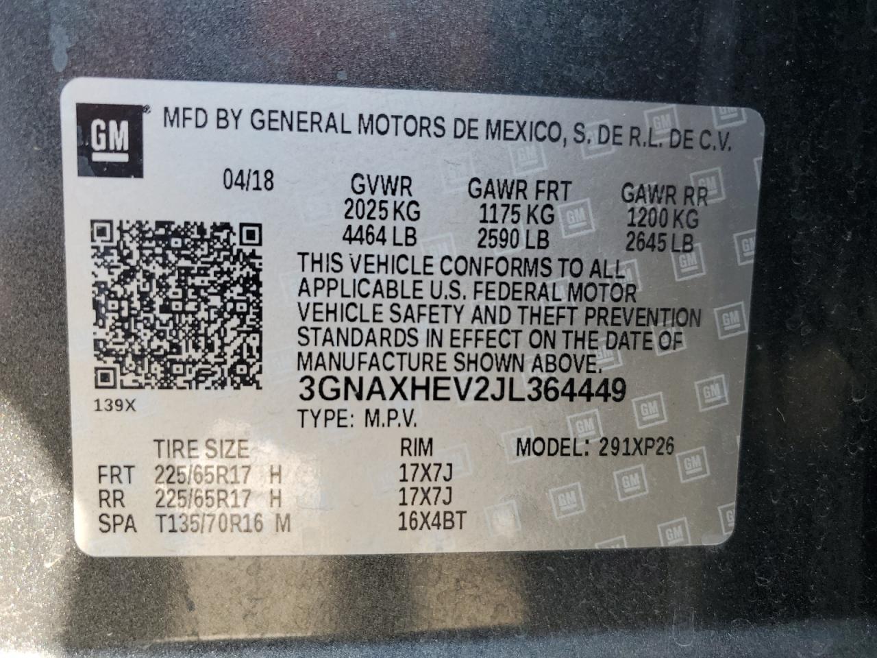 3GNAXHEV2JL364449 2018 Chevrolet Equinox Ls