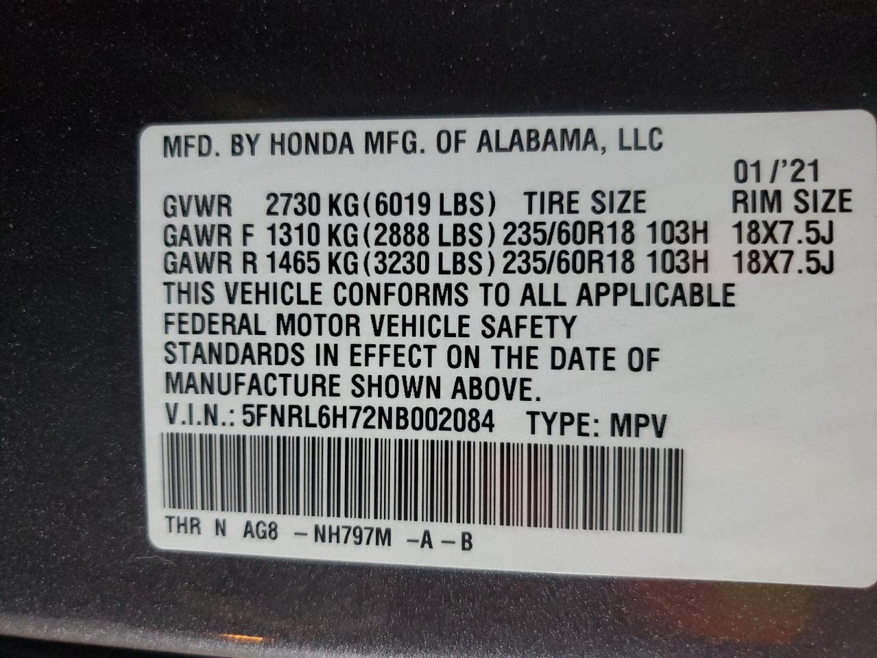 5FNRL6H72NB002084 2022 Honda Odyssey Exl