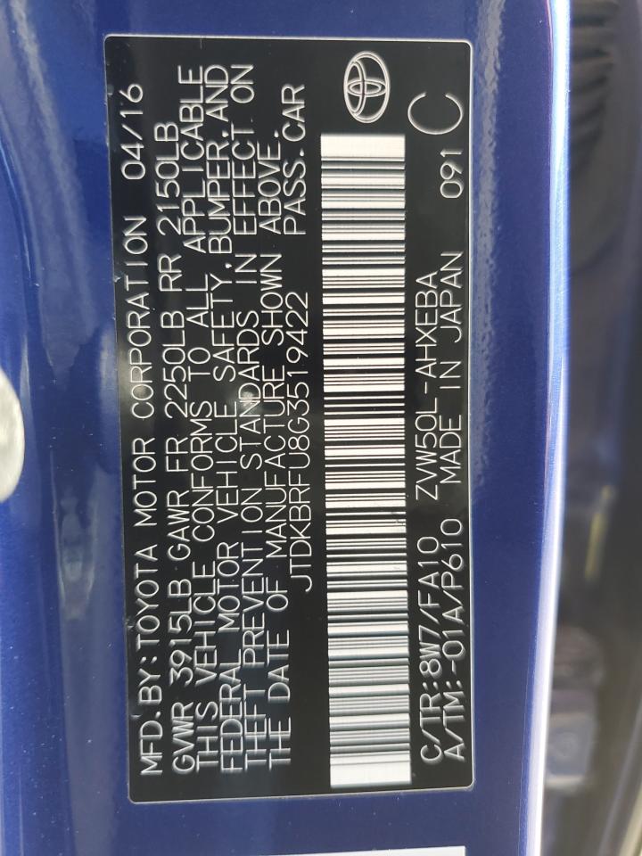 JTDKBRFU8G3519422 TOYOTA PRIUS 2016