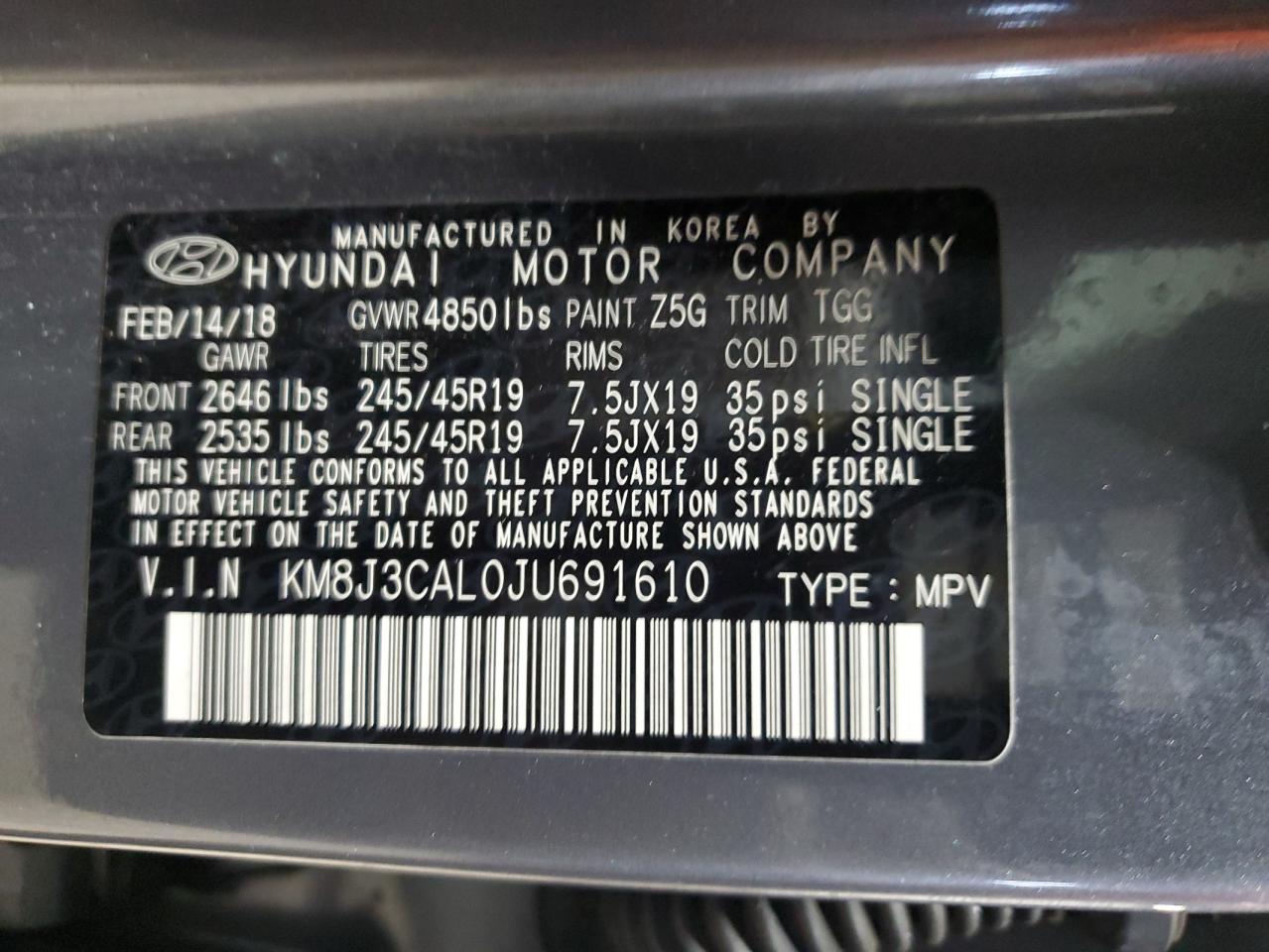 KM8J3CAL0JU691610 2018 Hyundai Tucson Sport