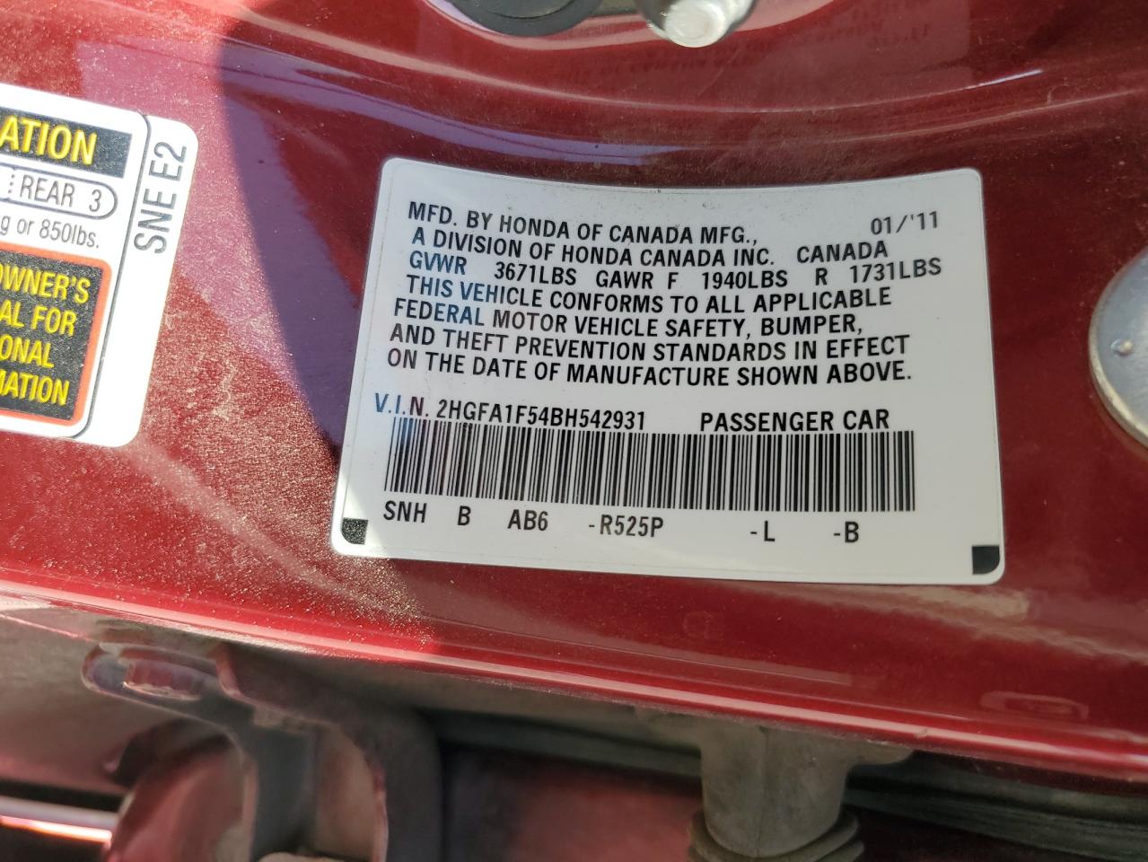 2HGFA1F54BH542931 2011 Honda Civic Lx