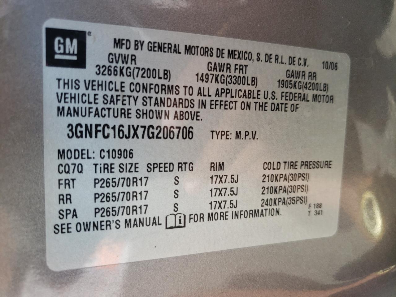 3GNFC16JX7G206706 2007 Chevrolet Suburban C1500