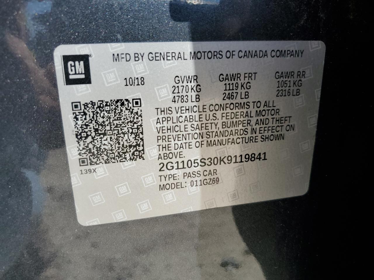 2G1105S30K9119841 2019 Chevrolet Impala Premier