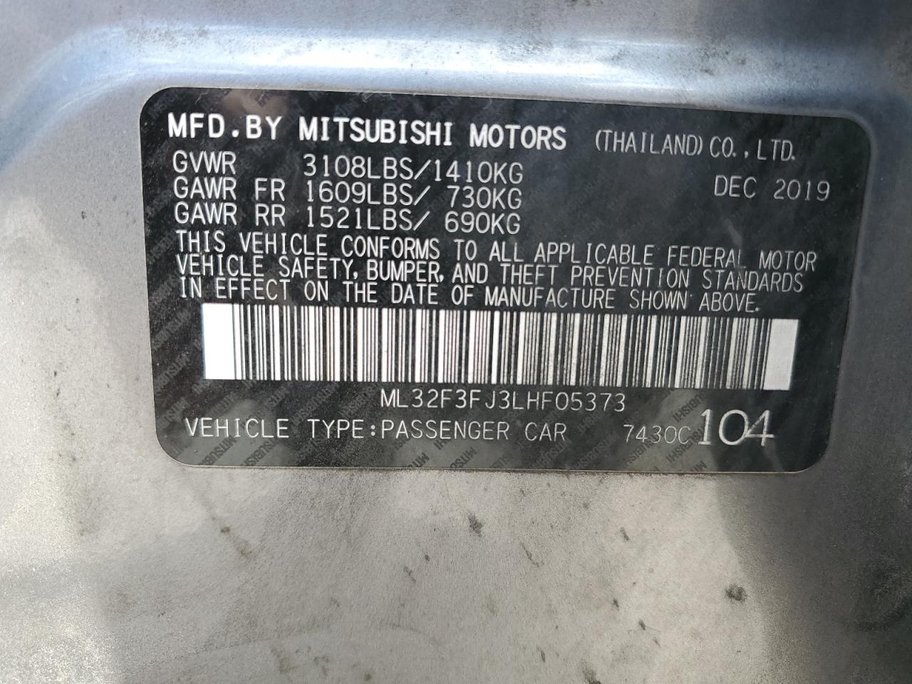 2020 Mitsubishi Mirage G4 Es VIN: ML32F3FJ3LHF05373 Lot: 72709224