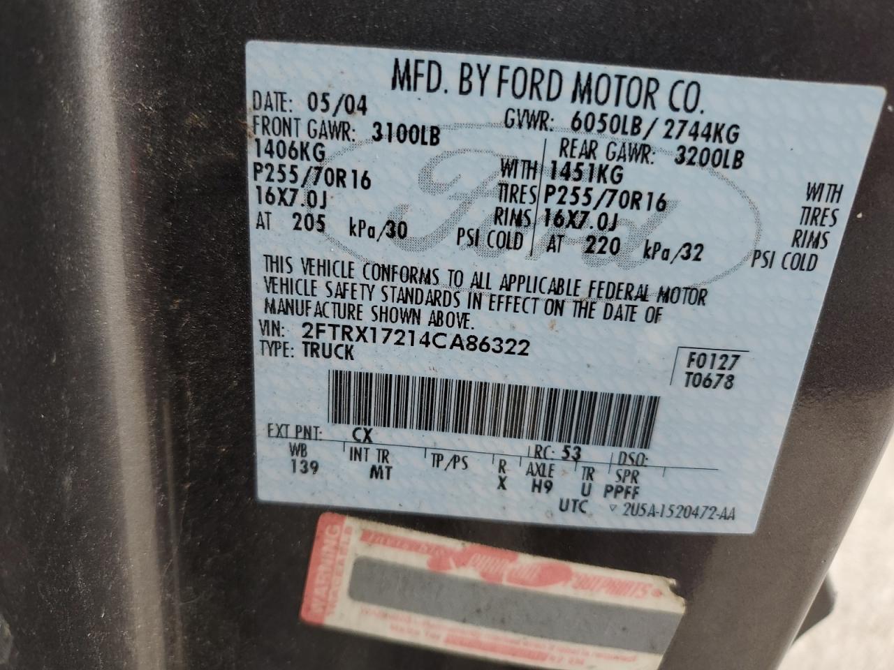 2004 Ford F-150 Heritage Classic VIN: 2FTRX17214CA86322 Lot: 69460684
