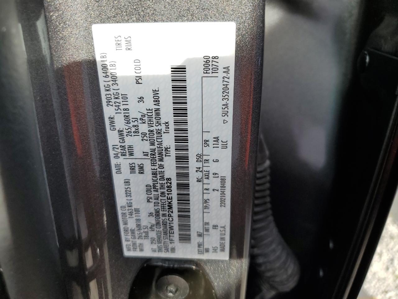 2021 Ford F150 Supercrew VIN: 1FTEW1CP2MKE10828 Lot: 73017654