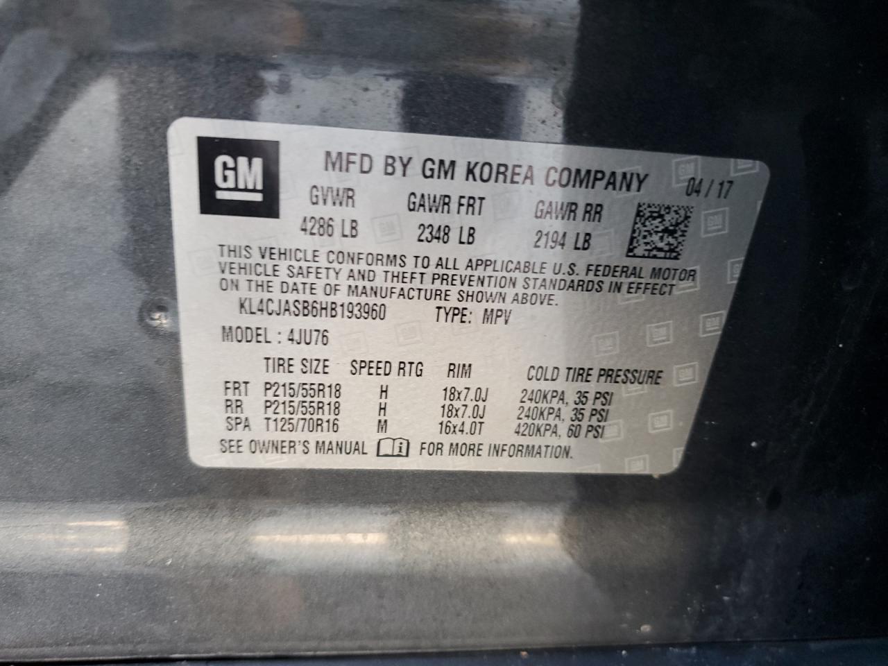 KL4CJASB6HB193960 2017 Buick Encore Preferred