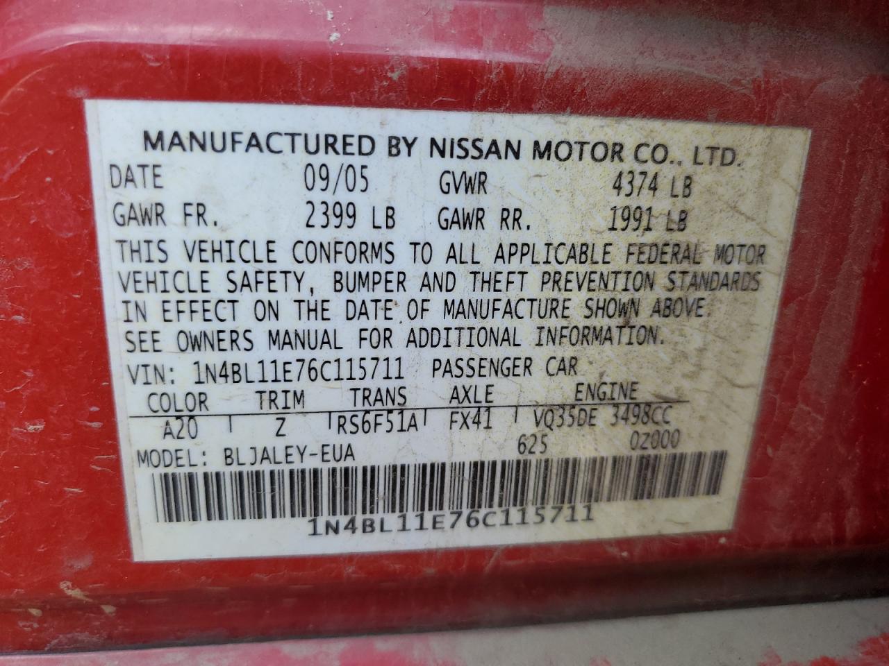 1N4BL11E76C115711 2006 Nissan Altima Se