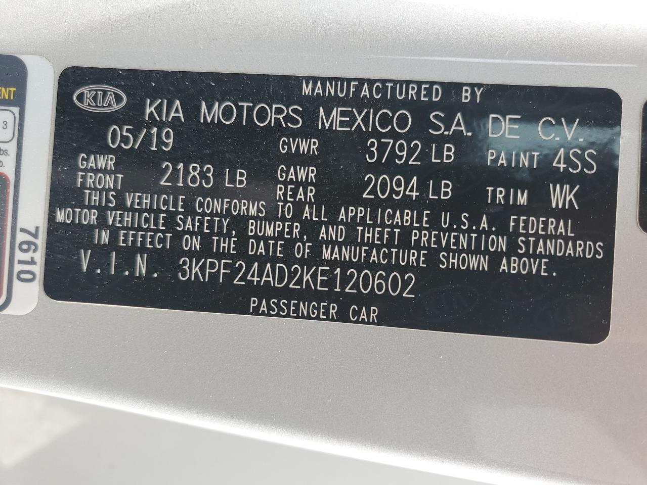 3KPF24AD2KE120602 2019 Kia Forte Fe