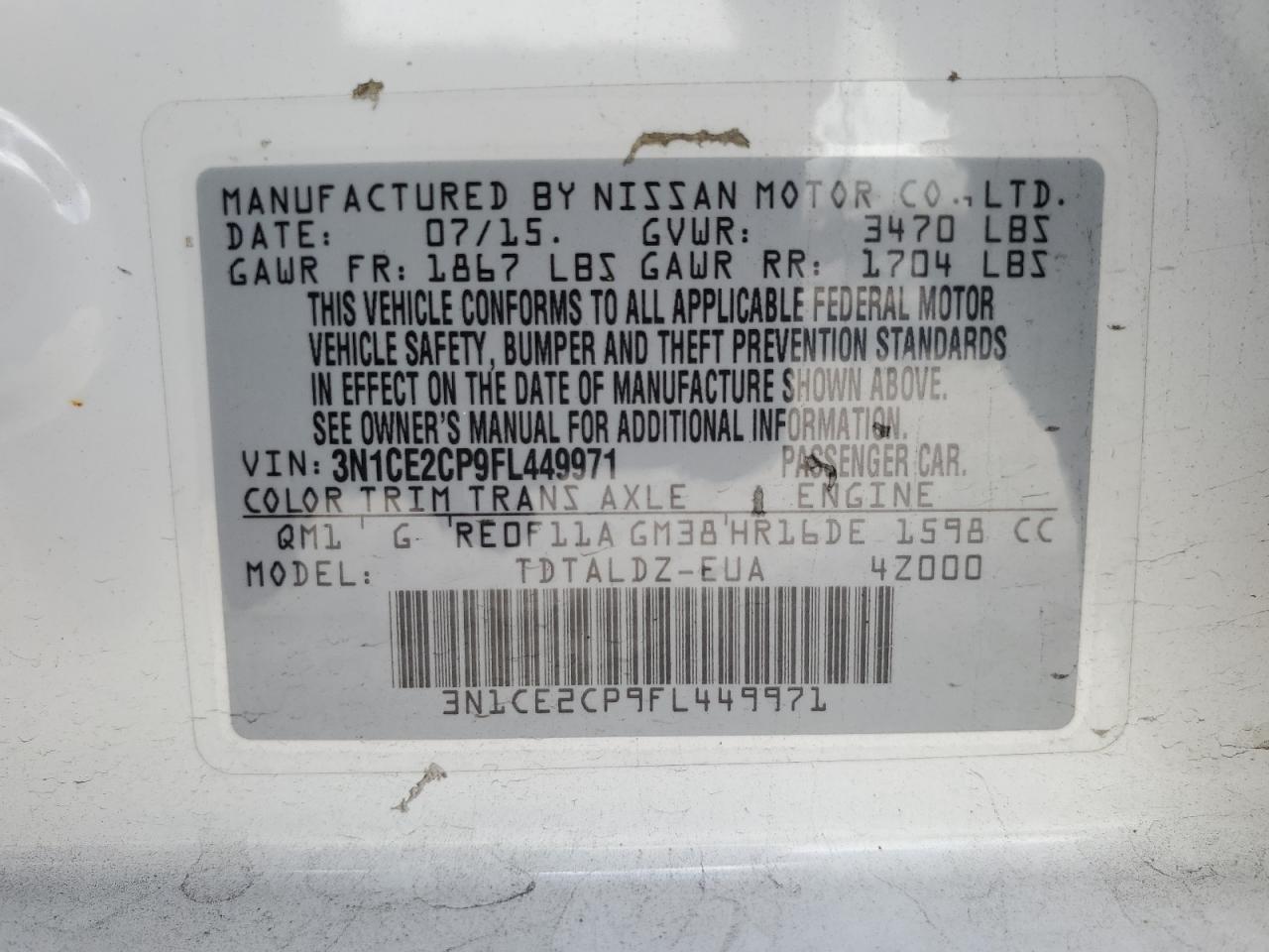 3N1CE2CP9FL449971 2015 Nissan Versa Note S