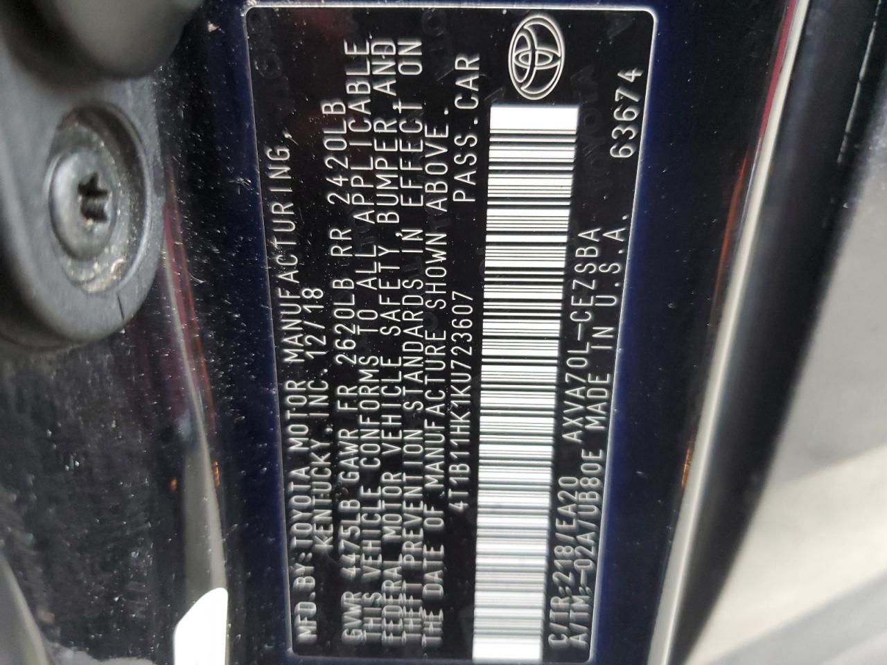 4T1B11HK1KU723607 2019 Toyota Camry L