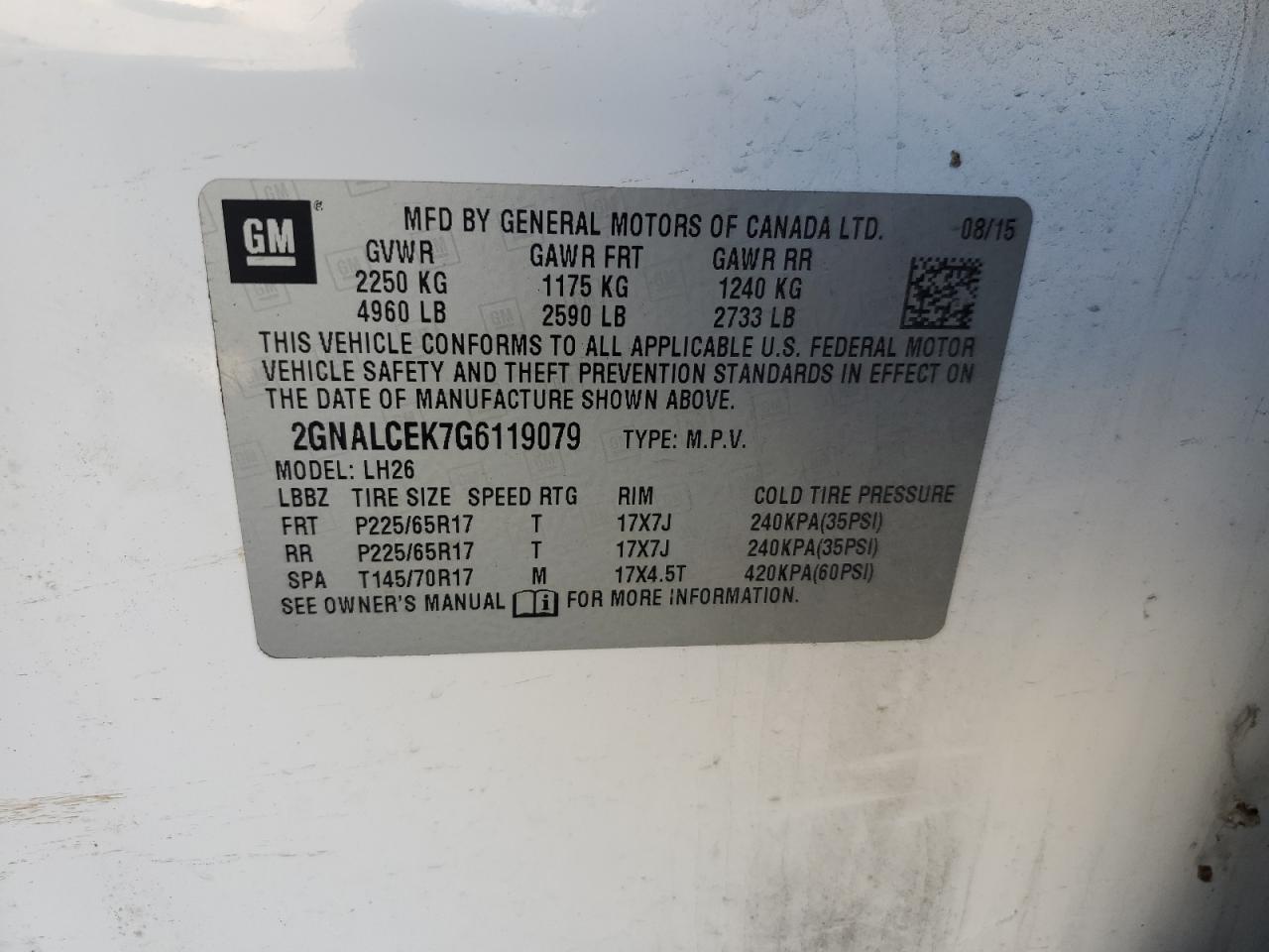 2GNALCEK7G6119079 2016 Chevrolet Equinox Lt