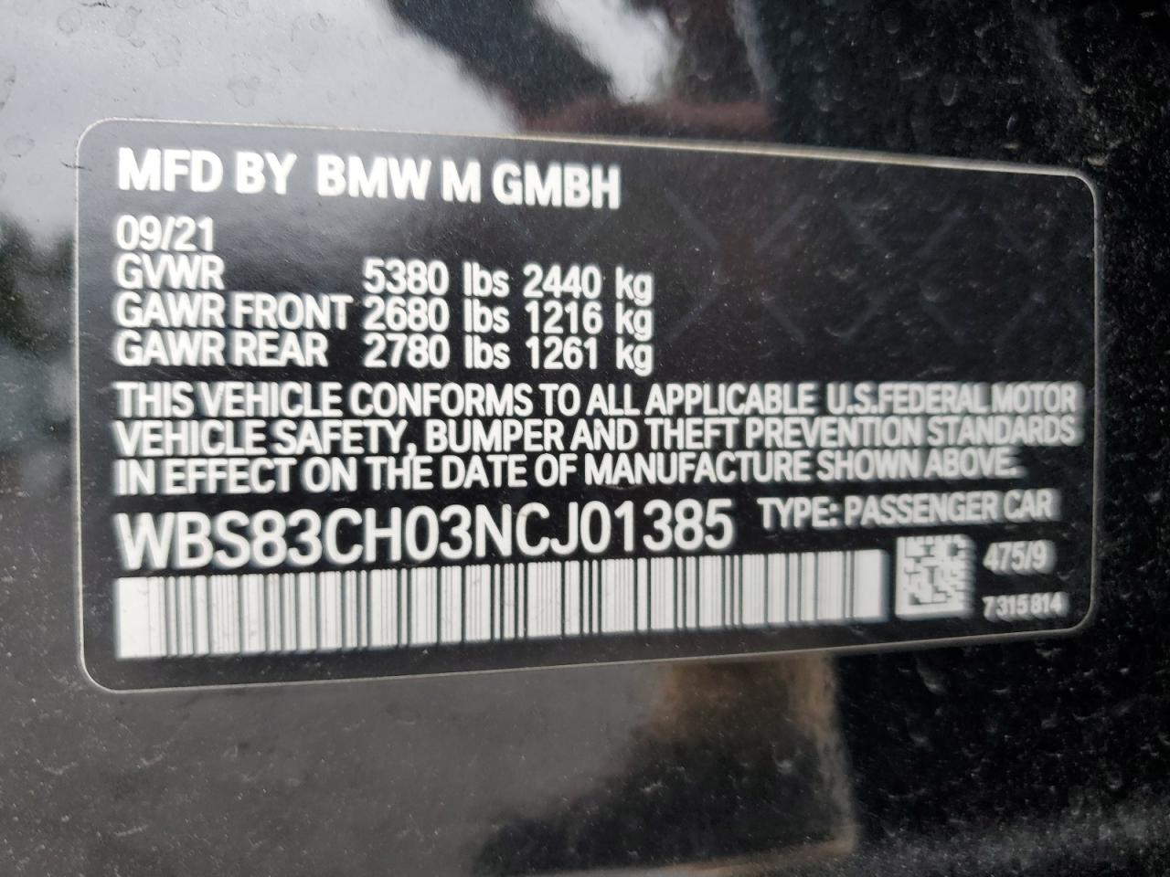 2022 BMW M5 VIN: WBS83CH03NCJ01385 Lot: 68961034