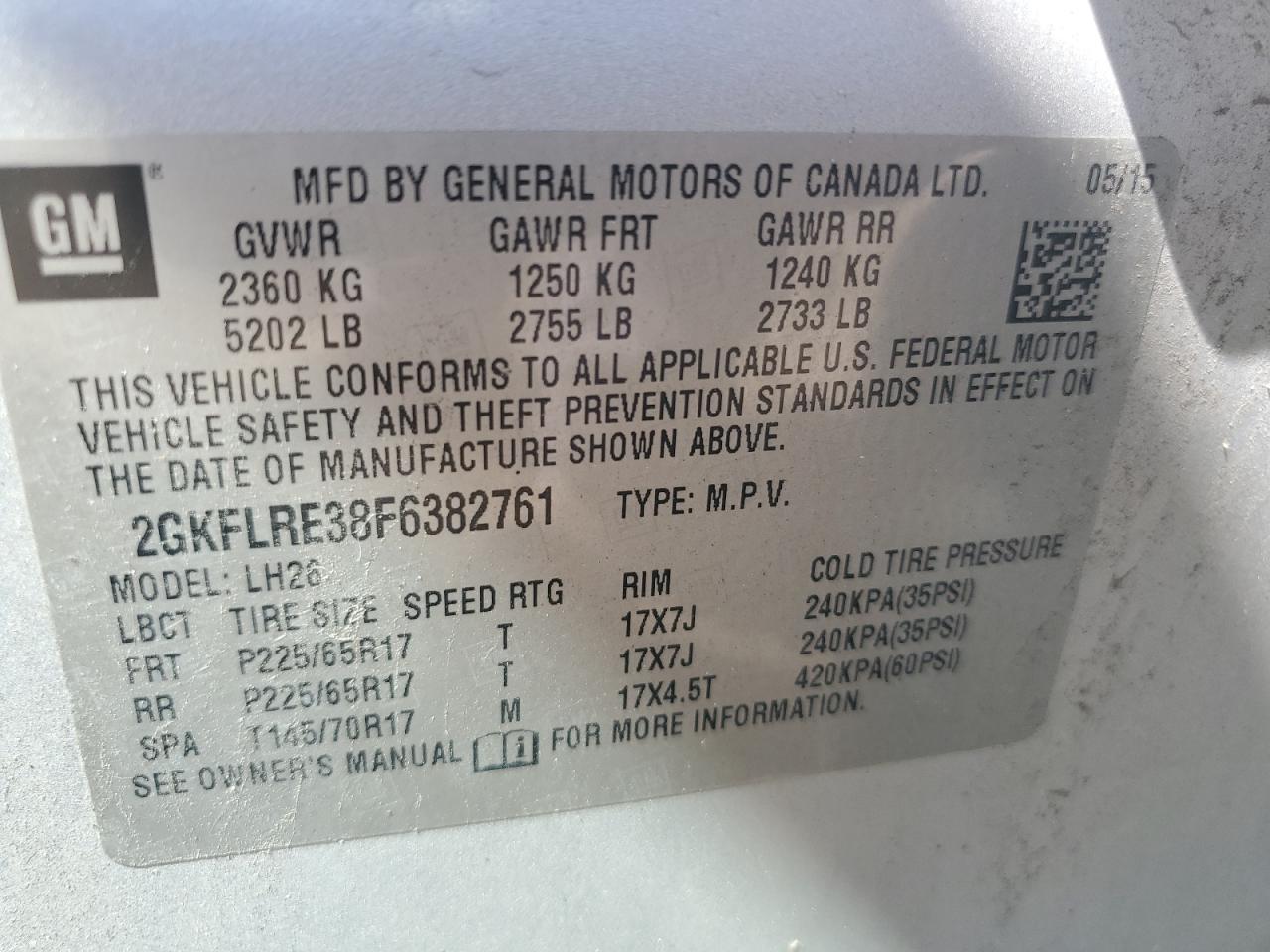 2GKFLRE38F6382761 2015 GMC Terrain Sle