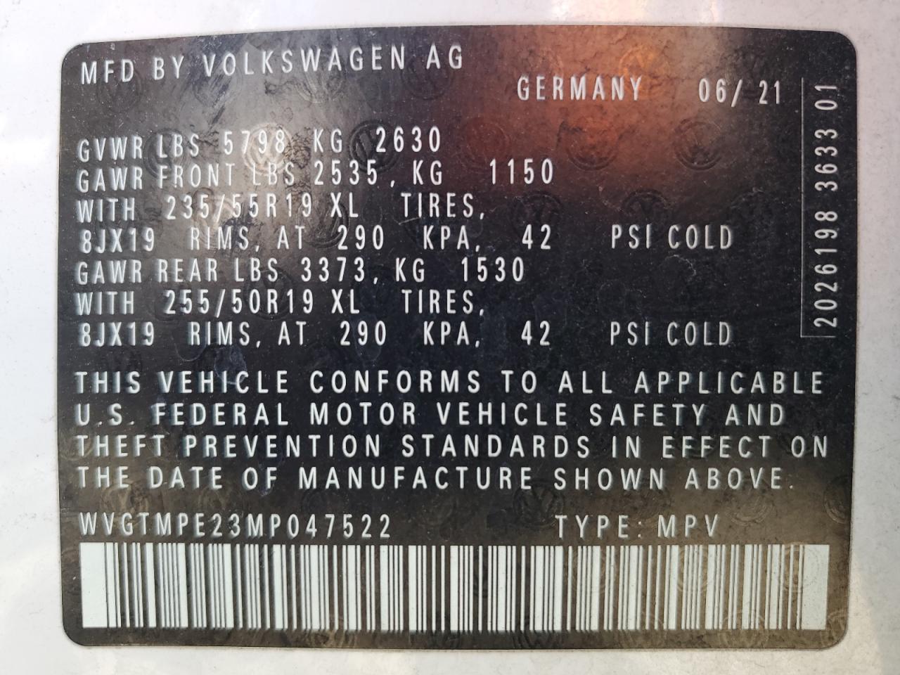 2021 Volkswagen Id.4 Pro S VIN: WVGTMPE23MP047522 Lot: 70701864