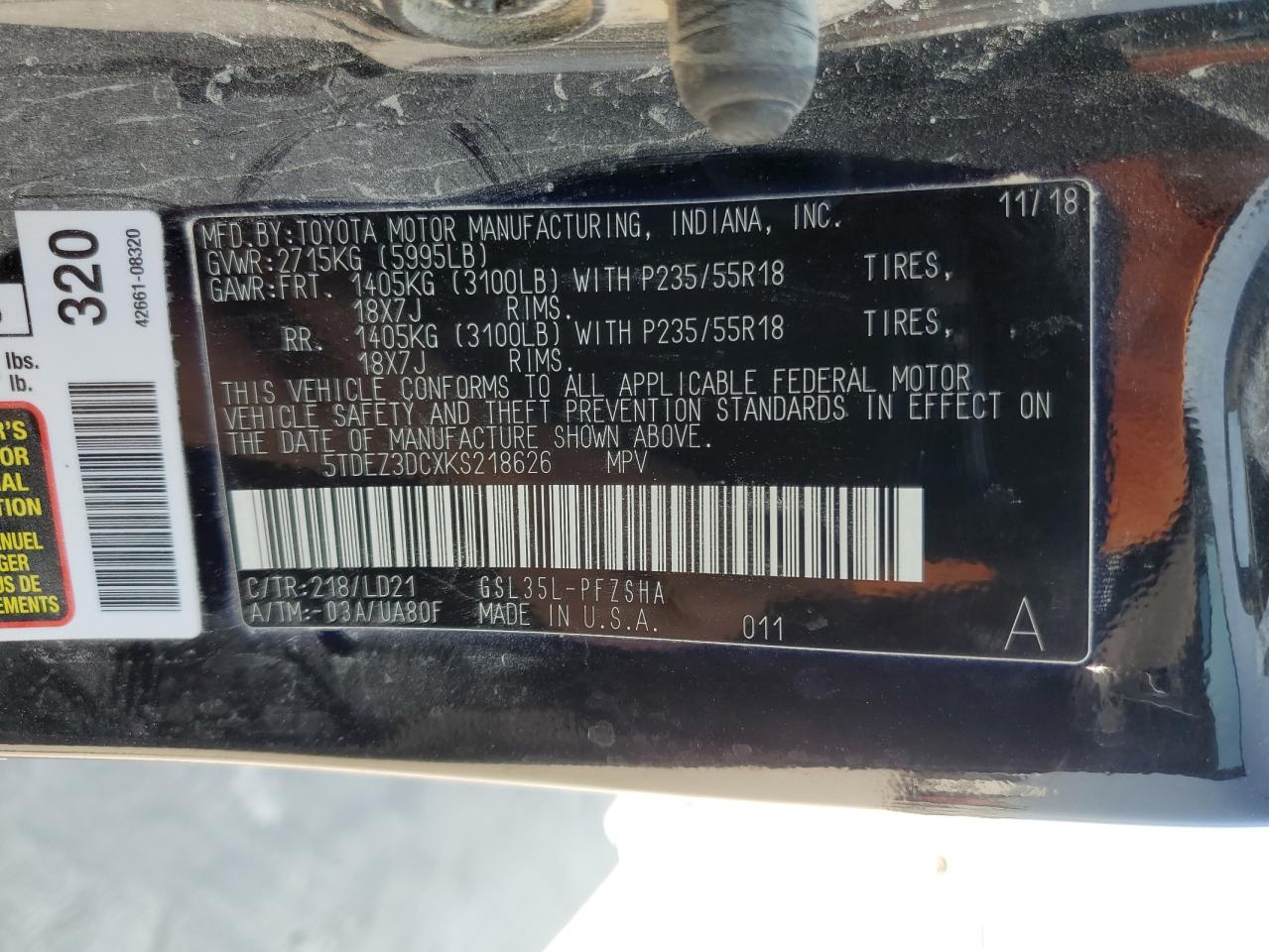 5TDEZ3DCXKS218626 2019 Toyota Sienna Se