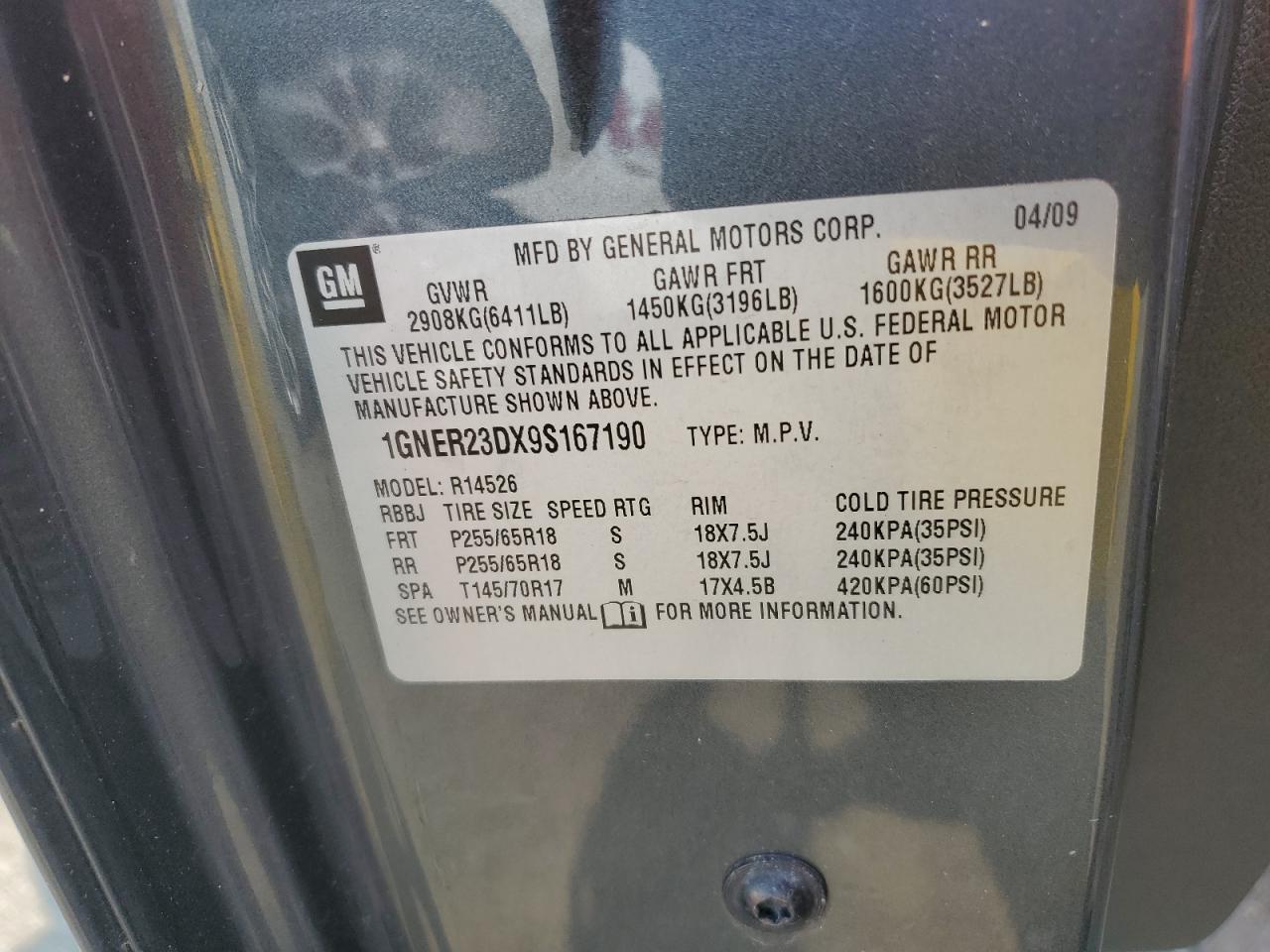 2009 Chevrolet Traverse Lt VIN: 1GNER23DX9S167190 Lot: 71027634