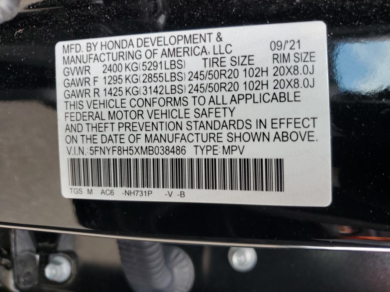 5FNYF8H5XMB038486 2021 Honda Passport Exl