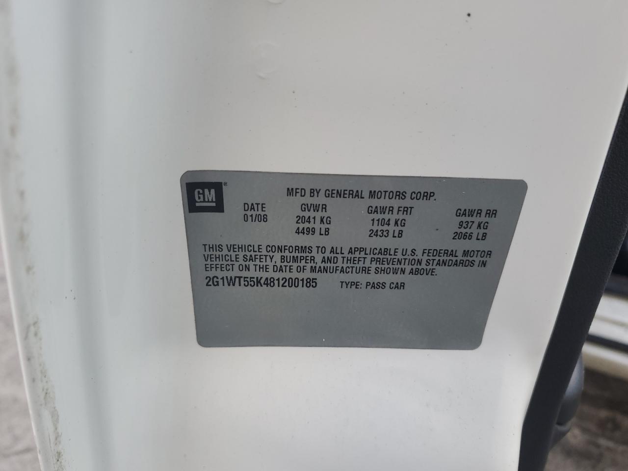 2008 Chevrolet Impala Lt VIN: 2G1WT55K481200185 Lot: 71982214