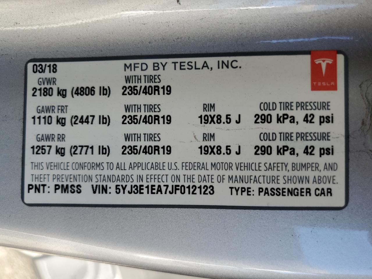 2018 Tesla Model 3 VIN: 5YJ3E1EA7JF012123 Lot: 69985674