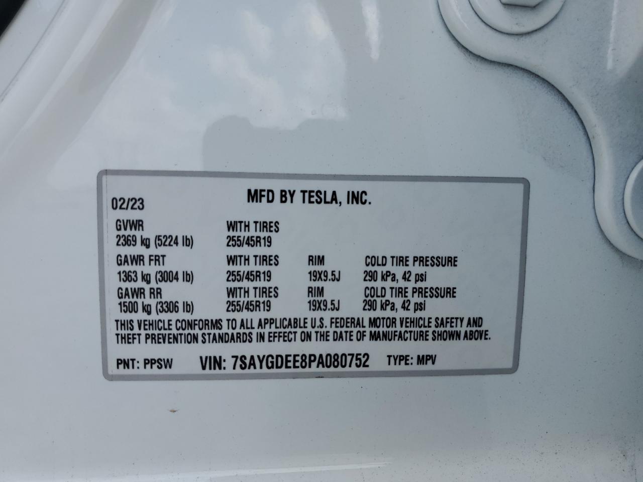 2023 Tesla Model Y VIN: 7SAYGDEE8PA080752 Lot: 72418474