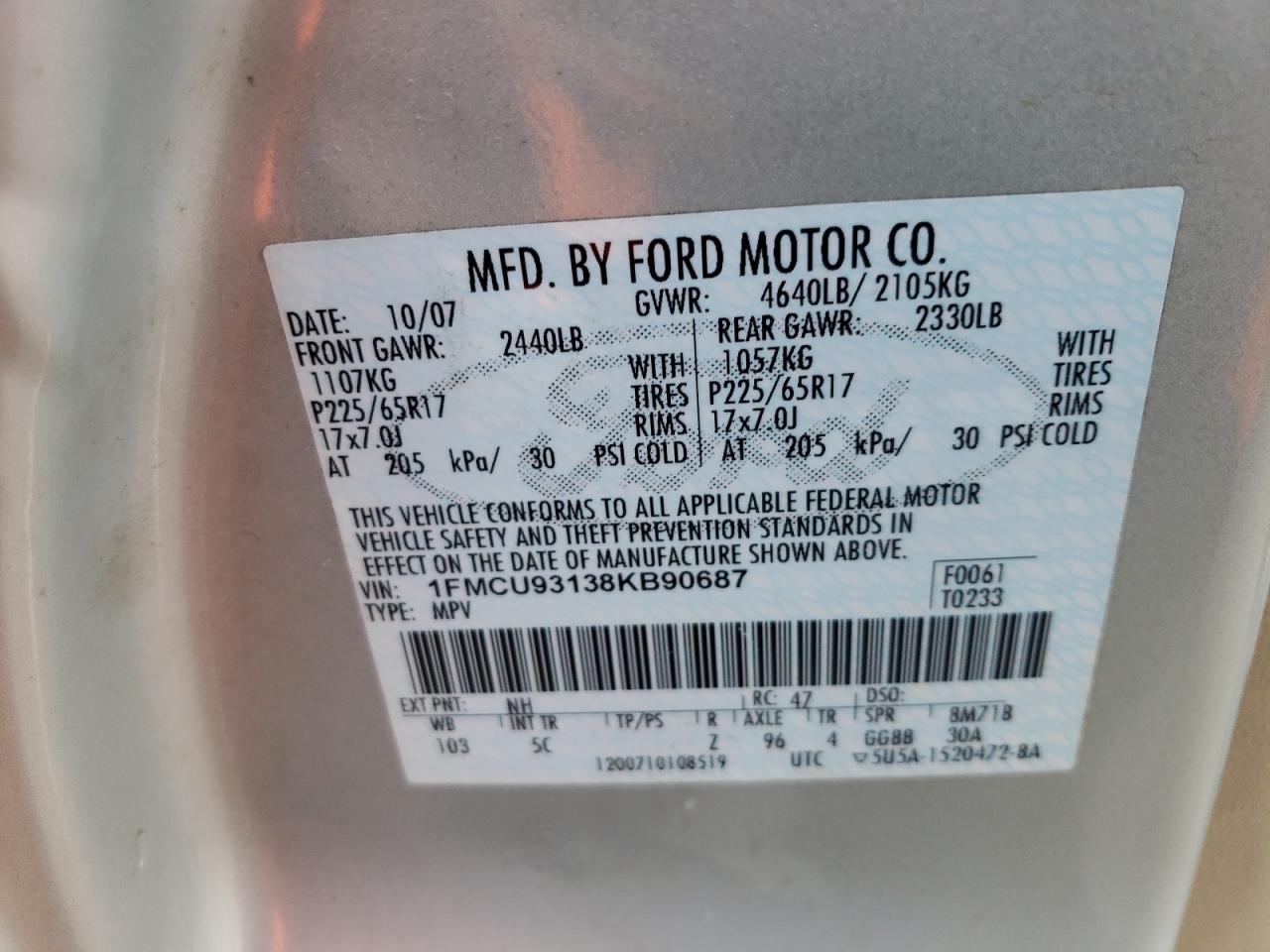 2008 Ford Escape Xlt VIN: 1FMCU93138KB90687 Lot: 71556714