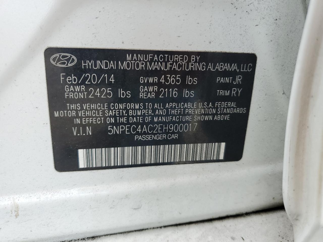 2014 Hyundai Sonata Se VIN: 5NPEC4AC2EH900017 Lot: 71294494