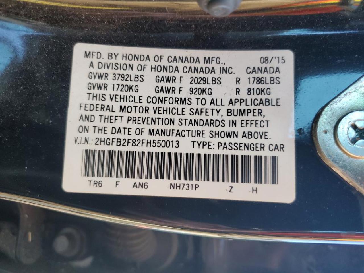 2HGFB2F82FH550013 2015 Honda Civic Ex