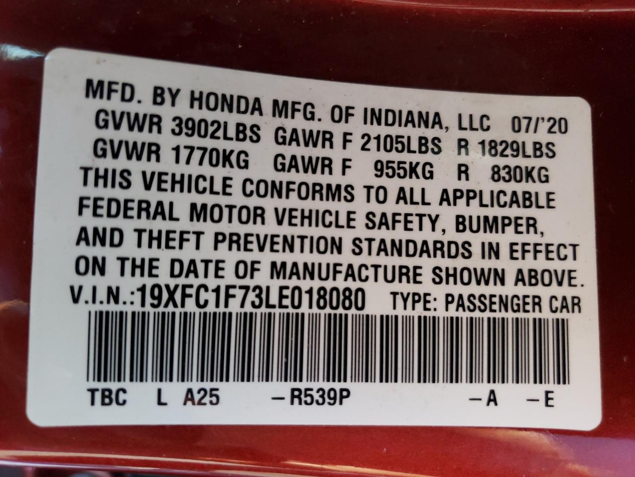 19XFC1F73LE018080 2020 Honda Civic Exl