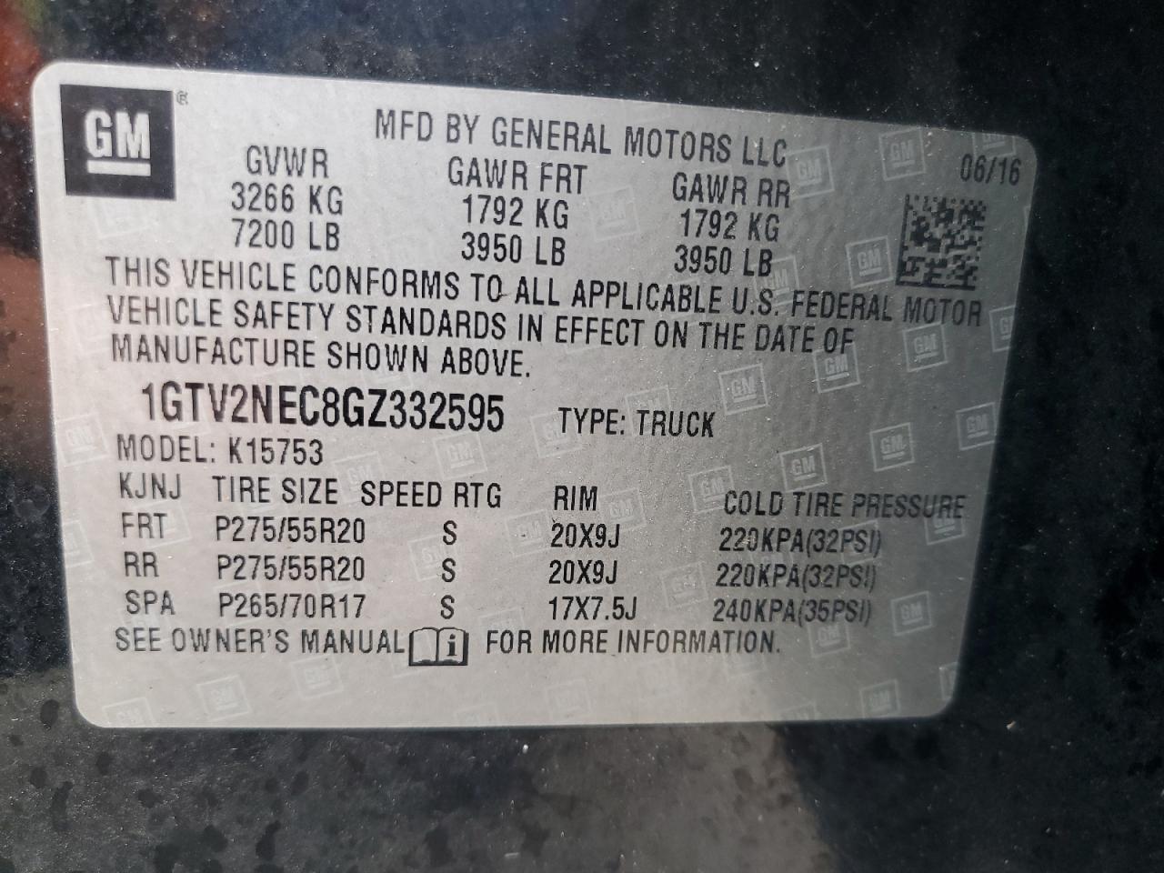 1GTV2NEC8GZ332595 2016 GMC Sierra K1500 Slt