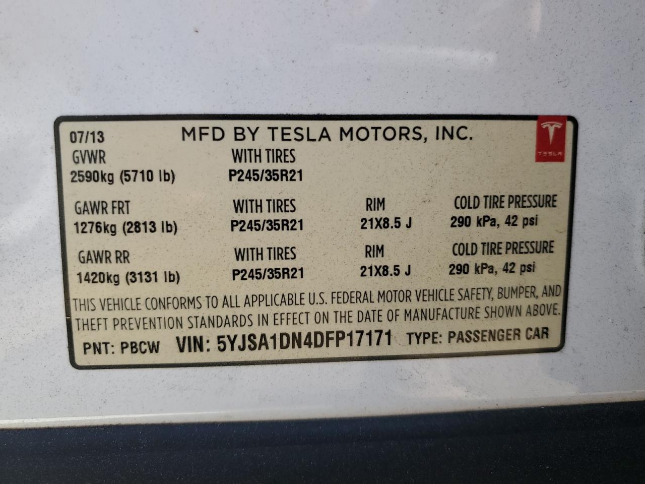 2013 Tesla Model S VIN: 5YJSA1DN4DFP17171 Lot: 69183494