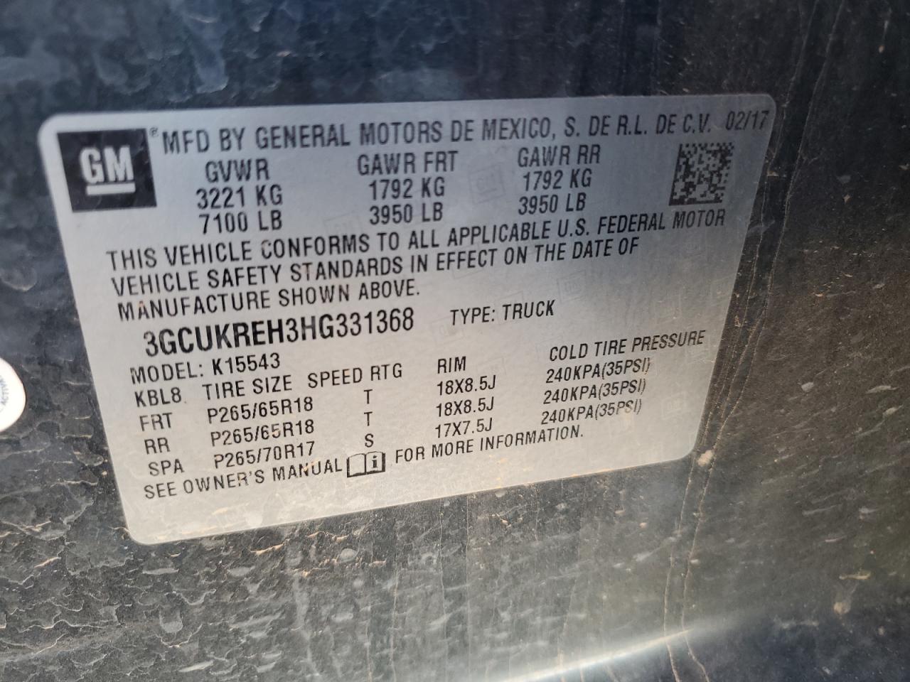 3GCUKREH3HG331368 2017 Chevrolet Silverado K1500 Lt