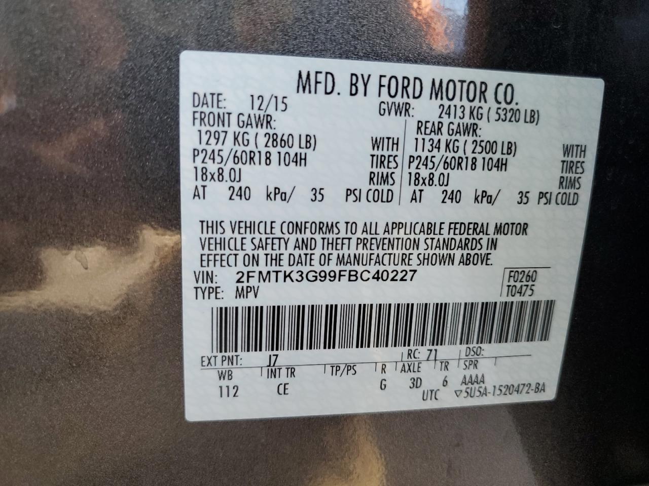 2FMTK3G99FBC40227 2015 Ford Edge Se