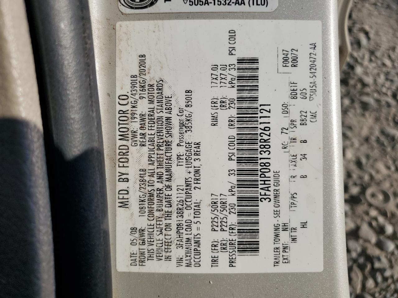 3FAHP08138R261121 2008 Ford Fusion Sel