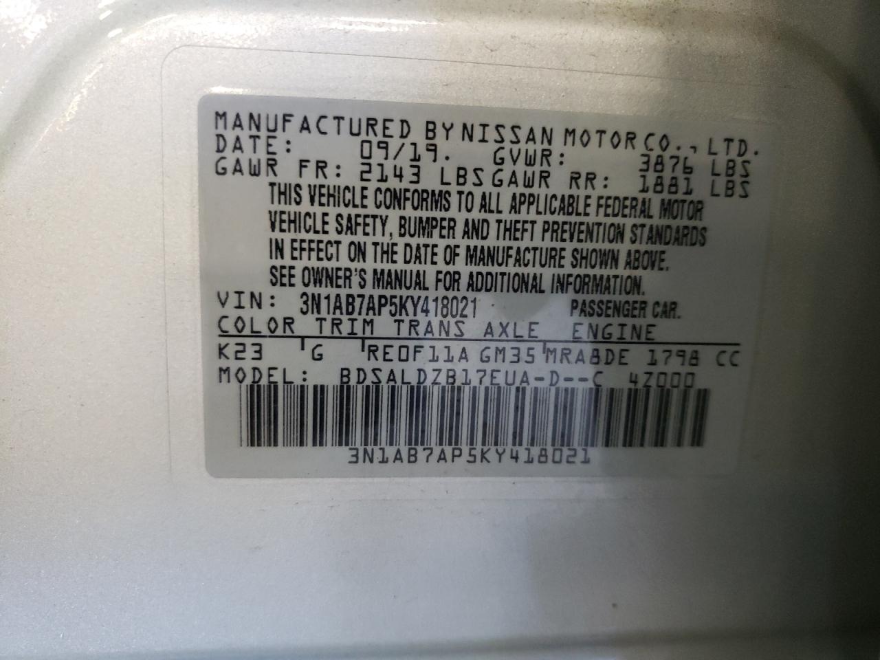 3N1AB7AP5KY418021 2019 Nissan Sentra S