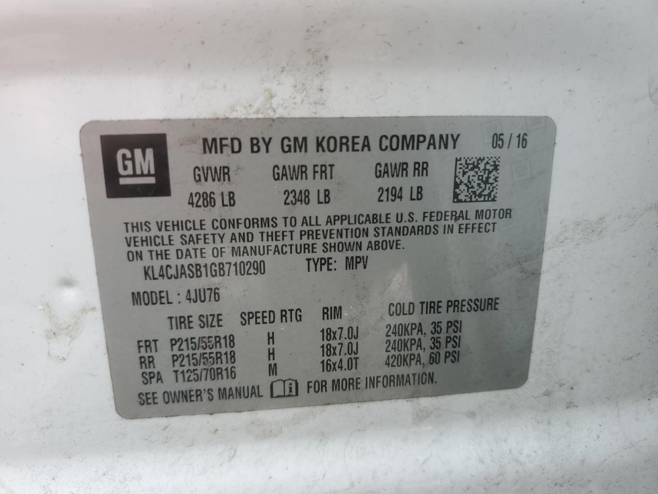 KL4CJASB1GB710290 2016 Buick Encore