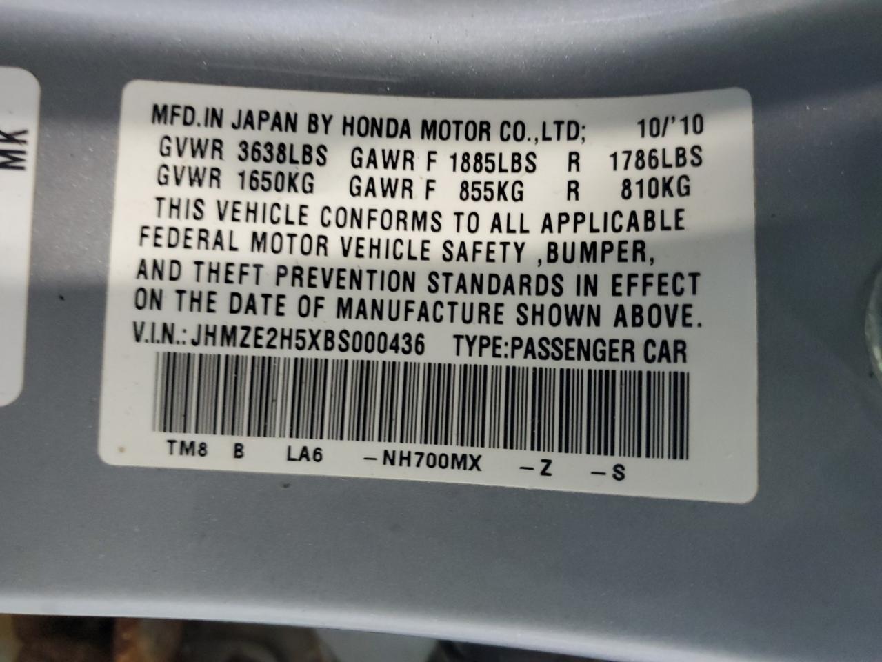 JHMZE2H5XBS000436 2011 Honda Insight Lx