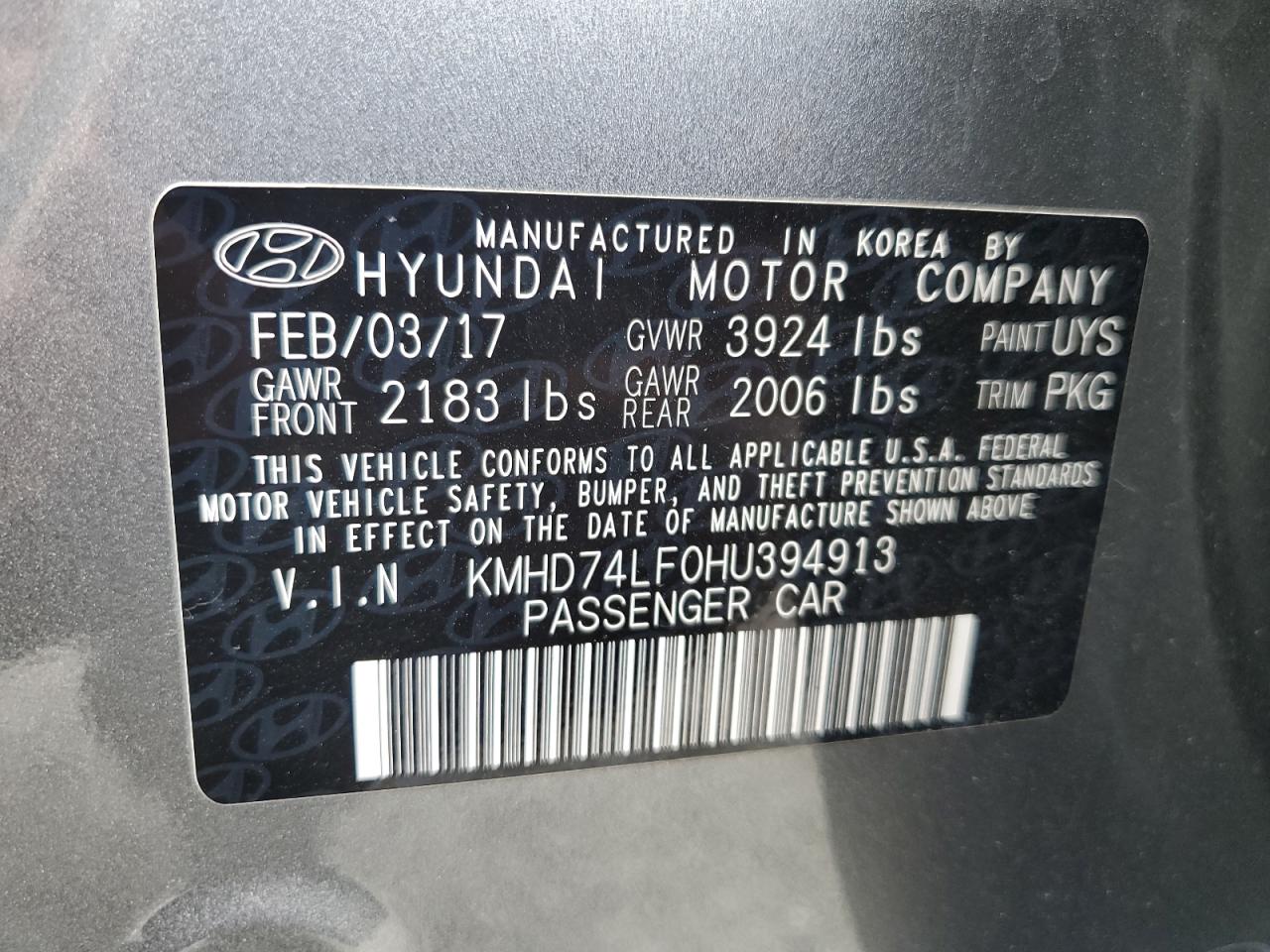 KMHD74LF0HU394913 2017 Hyundai Elantra Se