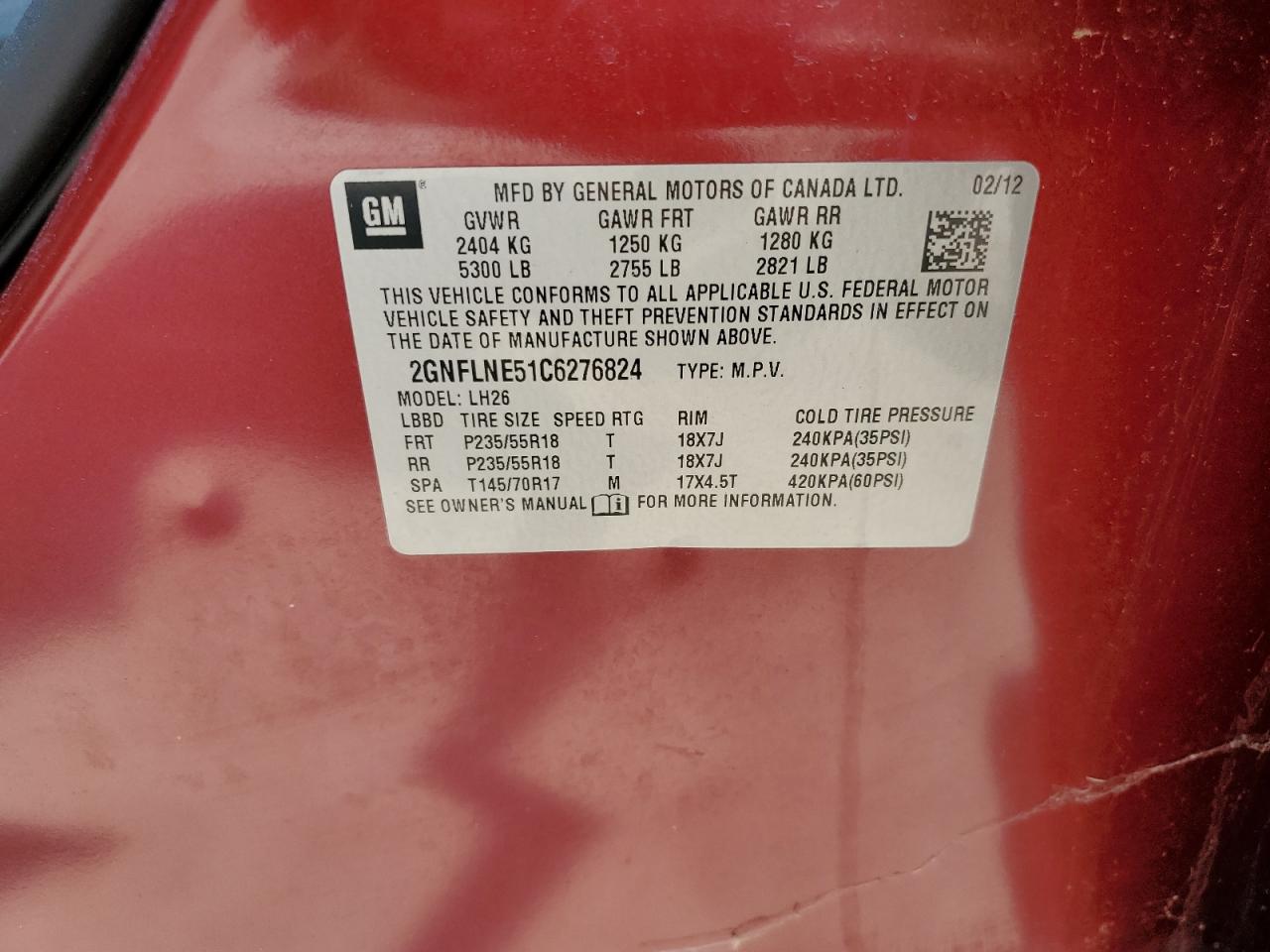 2GNFLNE51C6276824 2012 Chevrolet Equinox Lt