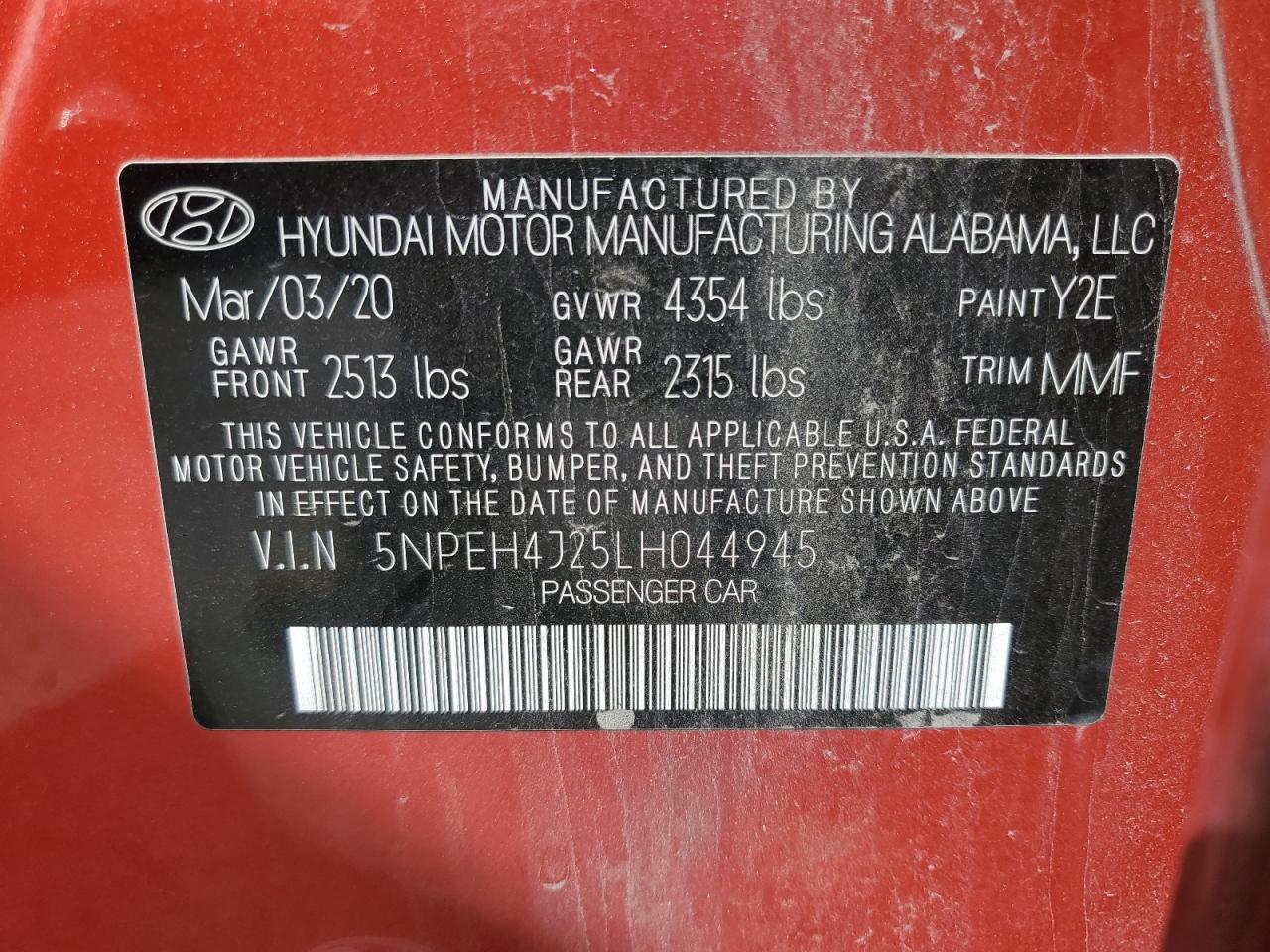 5NPEH4J25LH044945 2020 Hyundai Sonata Limited